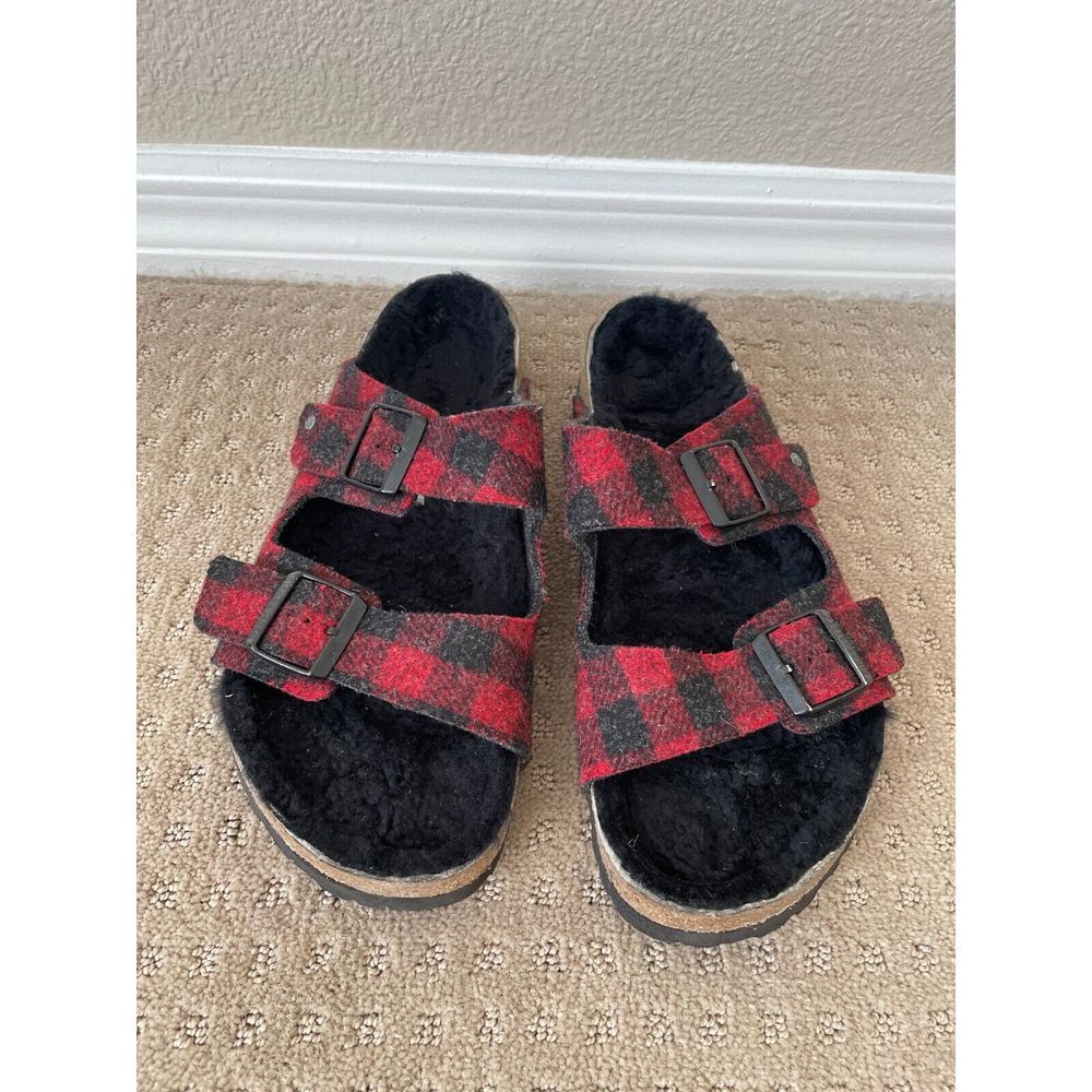 Birkenstockโ Arizona Shearling Sandals Men 45 US 12 Red Black Wool Adjustable